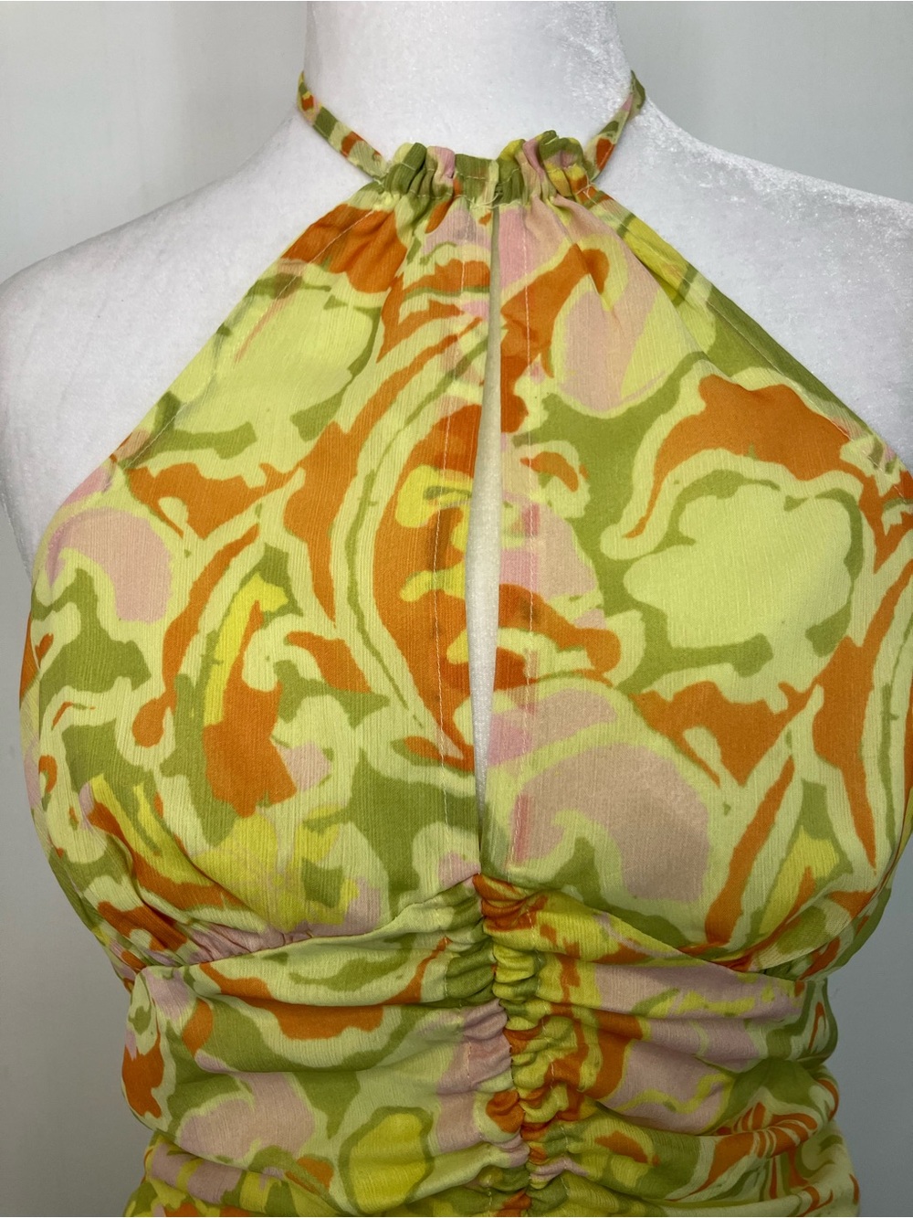 Free People Halter Top Smocked Ruched Beach 70s Print Rave Festival Yellow XS - Picture 7 of 9